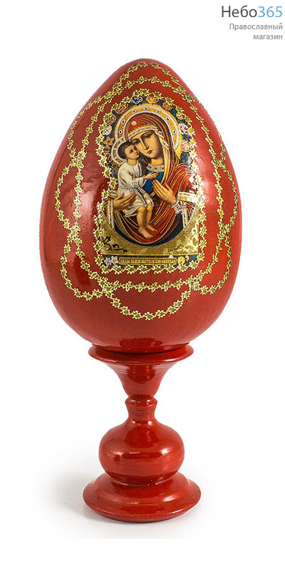  Яйцо пасхальное деревянное на подставке, с иконой, красное, среднее, с золотой отделкой, высотой 14см с иконой Божией Матери Жировицкая, фото 1 
