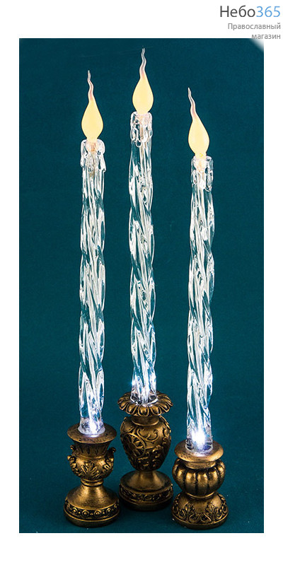  Сувенир рождественский Свеча горящая на подсвечнике, из пластика и полистоуна, с подсветкой, в ассортименте, высотой 35,5 - 40 см, АК7878, фото 1 