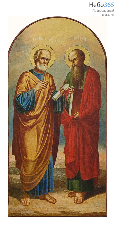  Петр и Павел, апостолы. Икона на дереве 24х12 см, печать на левкасе, золочение, арочная (АПП-01) (Тих), фото 1 