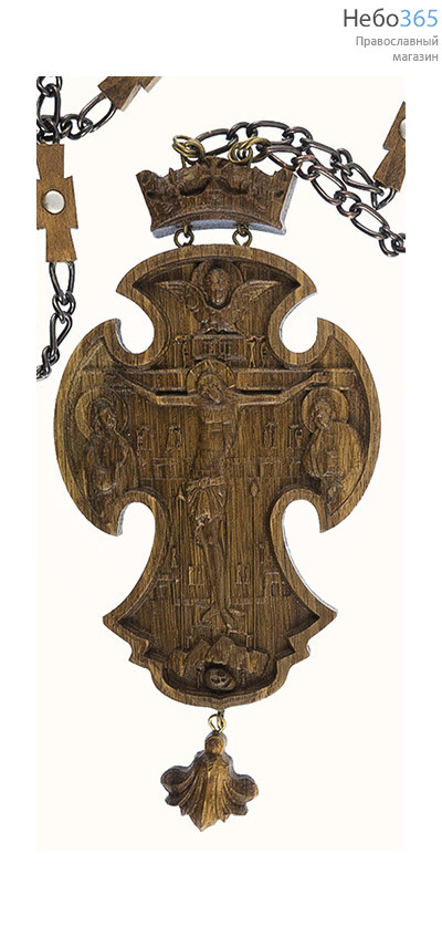  Крест наперсный протоиерейский деревянный секирообразный, из дуба, с предстоящими, на деревянной цепочке, выс. 16 см, машин. резьба, руч. довод, фото 1 