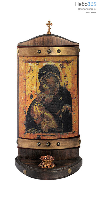  Икона на дереве (Пин) 13х29, печать на холсте, выпуклая, на подставке, с крестом и подсвечником (19) Божией Матери Владимирская (Третьяковская галерея), фото 1 