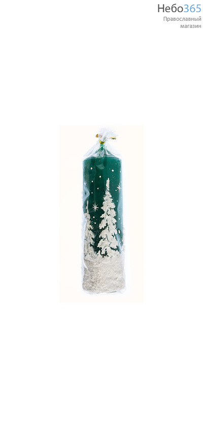  Свеча парафиновая рождественская, "Снежный лес", пеньковая, большая, высотой 14,5 см, в ассортименте (в коробе - 15 шт.), 11-18 цвет свечи: зеленый, фото 1 