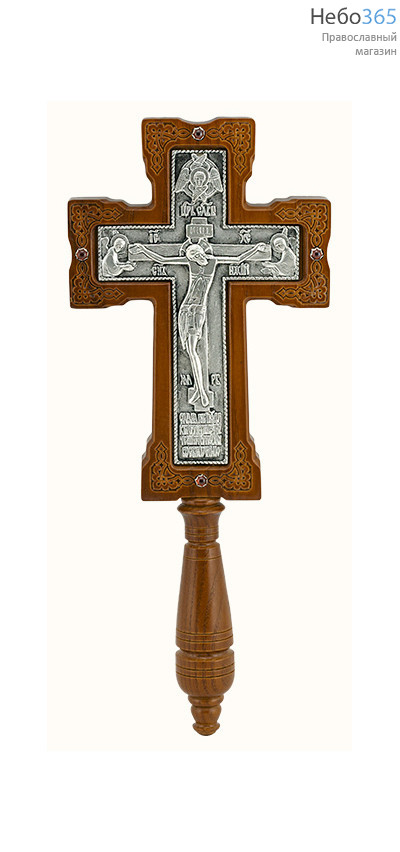  Крест деревянный напрестольный 17137 с ручкой, с вклейкой из гальваники, с посеребрением, резной, ажурный, с камнями, с ангелами, из ясеня,, фото 1 
