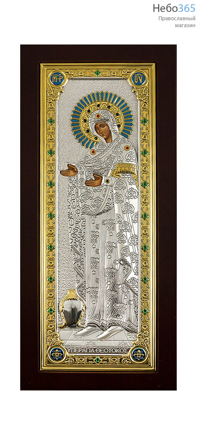  Икона в ризе (Ж) EK85-XAG 15,5х35,5, Божией Матери Геронтисса, шелкография, серебрение, золочение, стразы, эмаль, на деревянной основе, фото 1 