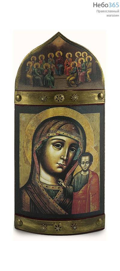  Икона на дереве 13х30-32, двучастная, печать на холсте, выпуклая, фигурный верх, бархатные и металлические накладки Божией Матери Казанская - Сошествие Святого Духа, фото 1 
