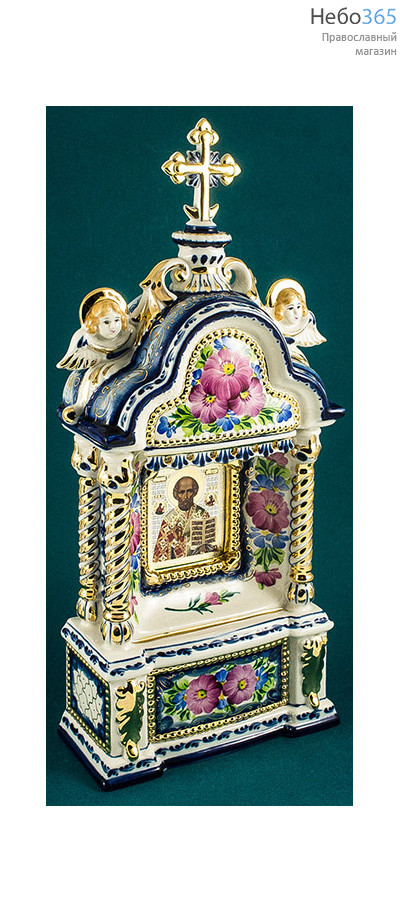  Киот фарфоровый настольный К- 3 Домик средний , с цветной росписью и золотом с иконой святителя Николая Чудотворца, фото 1 