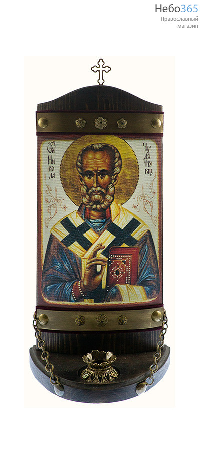  Николай Чудотворец, святитель. Икона на деревянной основе 15х29 см, печать на холсте, объемная, на подставке, с крестом и подсвечником, фото 1 