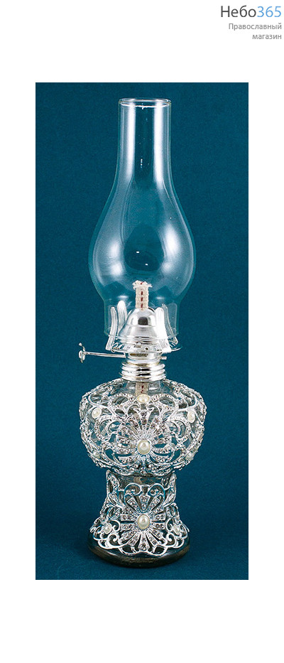  Лампа масляная стеклянная, Жемчужная, для парафинового масла, с украшениями, высотой 32 см, фото 1 