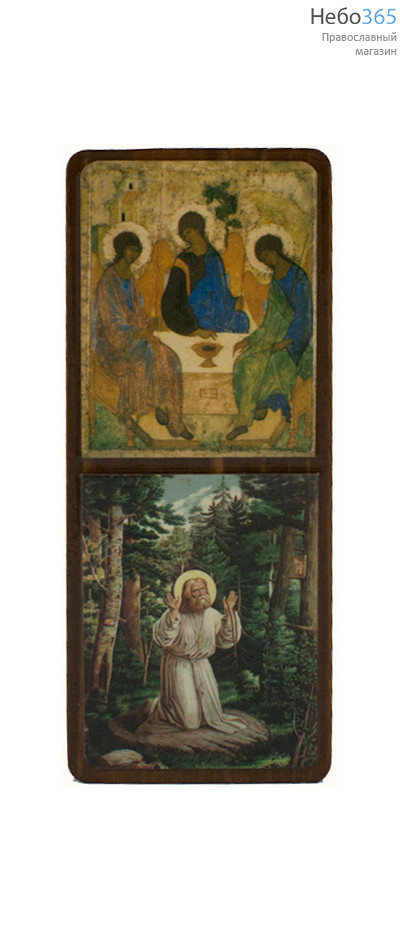  Икона на дереве (КиД-018) 4х8, 4х9, (удлиненная) покрытая лаком Святая Троица - преподобный Серафим Саровский, фото 1 
