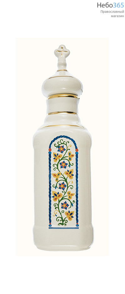  Сосуд керамический для святой воды, Квадрат, с белой глазурью и деколью Русский узор, с золотом, 8267, фото 1 