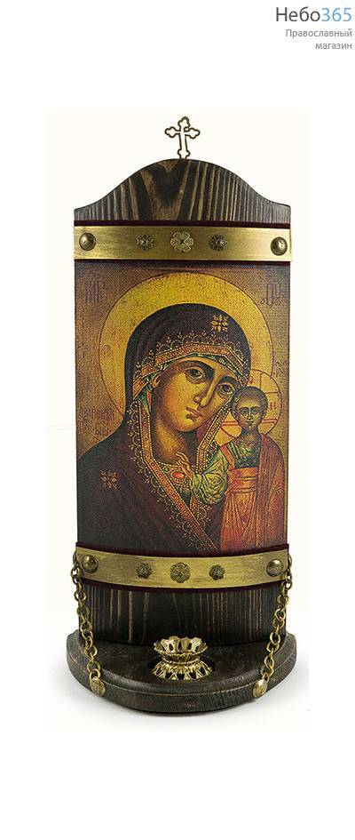  Икона на дереве 13х29, печать на холсте, выпуклая, на подставке, с крестом и подсвечником икона Божией Матери Казанская, фото 1 