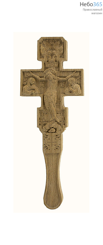  Крест постригальный деревянный из дуба, с распятием, с предстоящими, с ангелами, высотой 24 см, резьба на станке, фото 1 