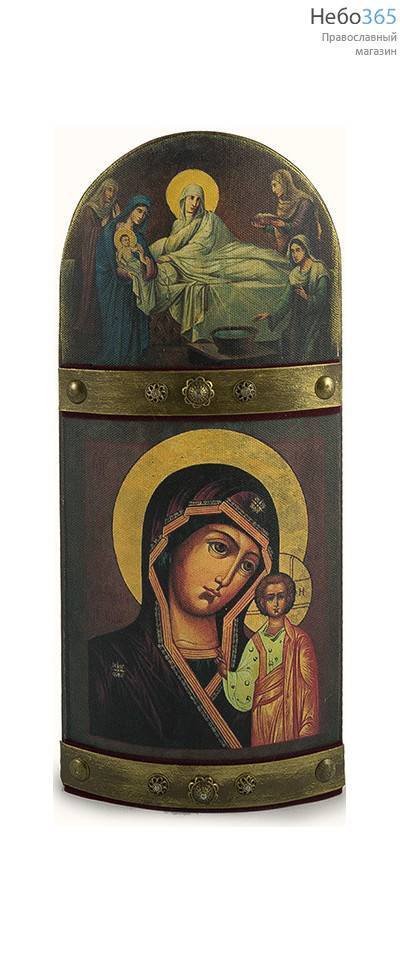  Икона на дереве 13х30-32, двучастная, печать на холсте, выпуклая, фигурный верх, бархатные и металлические накладки Божией Матери Казанская - Рождество Богородицы (арочная), фото 1 