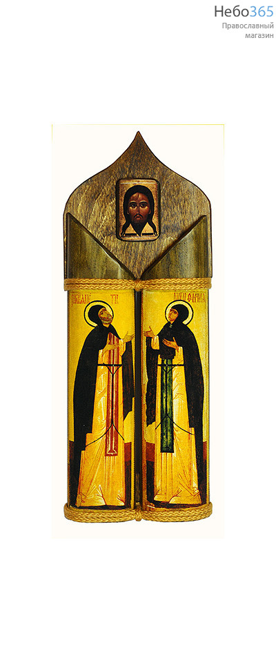  Икона на дереве "Петр и Феврония" 13х34, 2 иконы, верх куполообразный с иконой Спасителя., фото 1 